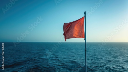 A vibrant red flag flutters under a cumulus cloud in the electric blue sky amidst the vast expanse of liquid water, signaling a warning to travelers of potential danger ahead AIG50