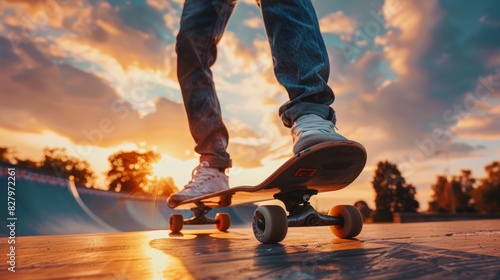 Skateboarding Action at Sunset, Feet in Jeans and Sneakers Performing Trick