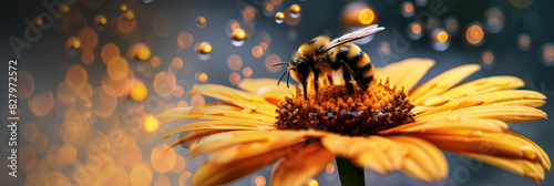 stunning macro photo of a bee on a vibrant orange flower at sunset