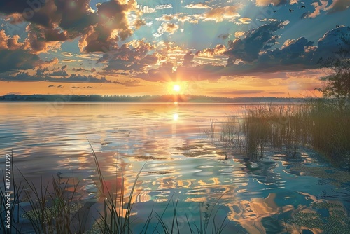 The sun dips below the horizon, casting a warm glow over a serene lake. Generative AI
