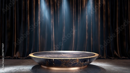 Opulent Black Marble Podium with Gold Trim and Velvet Curtain Backdrop for Luxurious Product Photography