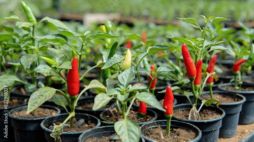 Red and green chili or capsicum frutescens plants. Planted in plant nursery. Generative Ai