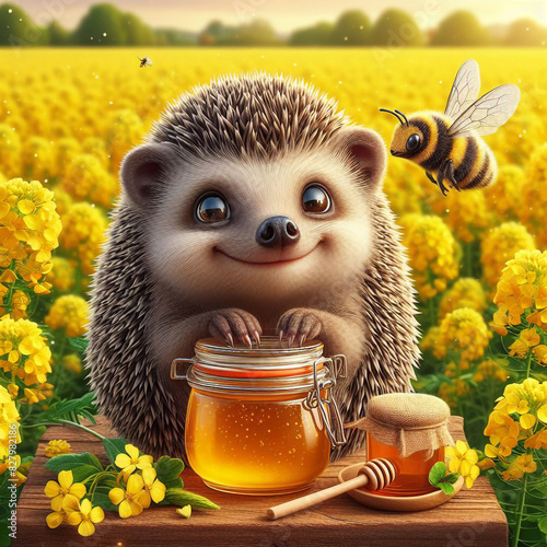 Rapeseed honey and hedgehog against the background of a yellow rapeseed field.