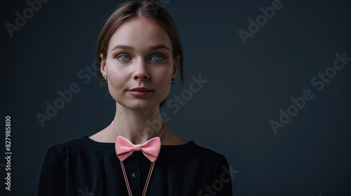 young caucasian woman with blue eyes wearing black dress and pink bow tie