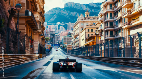 Formula One race car driving on race track during f1 competition on blurred background showing buildings on the streets of Monaco,