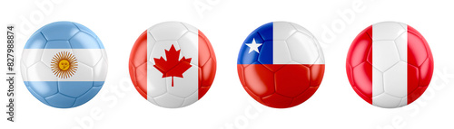 Copa America 2024 USA. GROUP A teams ball flags. Transparent background. 3d illustration . 