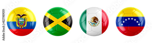 Copa America 2024 USA. GROUP B teams ball flags. Transparent background. 3d illustration . 