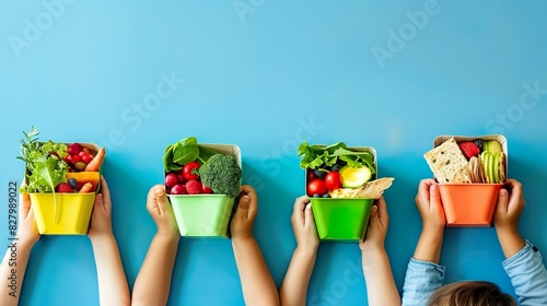 Children hands holding lunch boxes with healthy