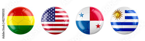 Copa America 2024 USA. GROUP C teams ball flags. Transparent background. 3d illustration . 