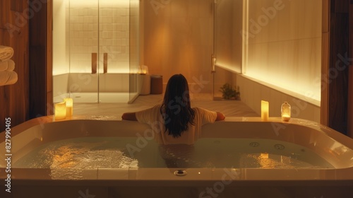 Dans une immense salle de bain, une femme en serviette de bain autour de la taille est assise sur le bord d'une baignoire et fixe l'horizon. Elle se trouve sur la droite. Le reste de la piÃ¨ce est flo