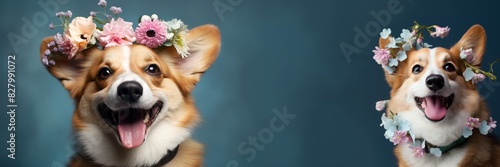 Corgis with Flower Crowns Smiling Happily. Two adorable corgis wearing flower crowns, smiling happily against a blue background, capturing a joyful and playful moment. Banner with copy space