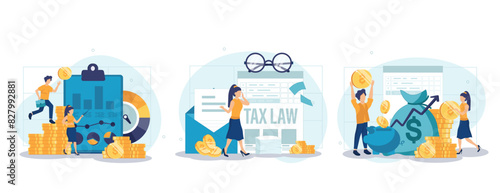 Financial or business profession set. Business character making financial operation. Economist, financier, broker, accountant, trader, tax inspector, commercial director. Vector illustration