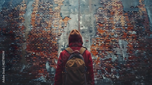Confronting Obstacles: Person Feeling Trapped and Hopeless by a Towering Brick Wall