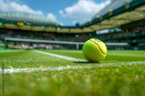 low angle view of a tennis ball on a grass tennis court with stadium in the background