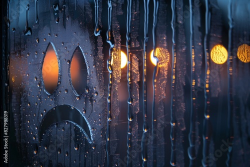 A sad emoticon carved into a frosted window pane, with rain droplets gently cascading down in the dim evening light.