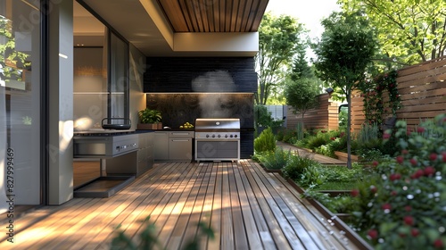 angle of view perpendicular to the taken from the front realistic photo Scandinavian Built-in grill kitchen