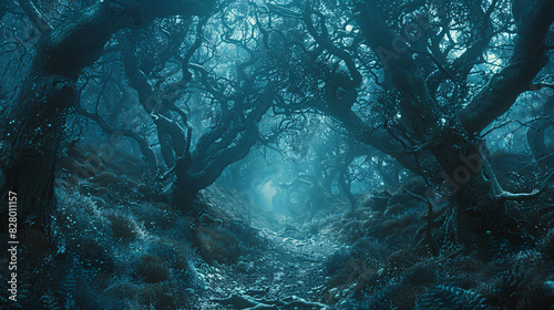 A mystical forest shrouded in fog, where ancient folklore myths come to life, with ethereal creatures glimpsed among the trees