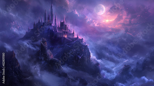 A majestic castle atop a mountain, surrounded by swirling mists and illuminated by the light of a full moon, invoking tales of legendary heroes and mythical quests