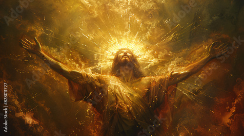 An inspiring image of Jesus Christ with outstretched arms, bathed in a warm and luminous halo of heavenly light, radiating love, compassion, and forgiveness