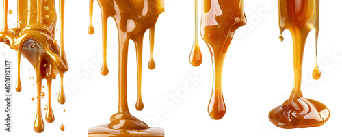 Four different types of caramel drizzles, each with a unique texture and color on a Transparent Background.