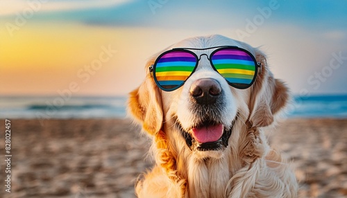 Happy golden retriever Labrador dog wearing mirrored multicoloured sunglasses on the beach, Ai generative