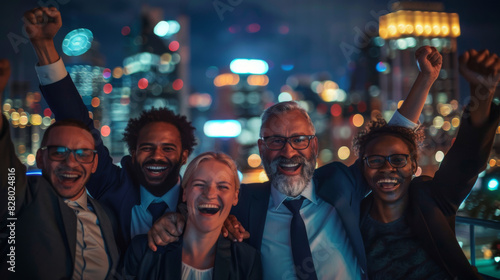 Diverse group of professionals joyously celebrating at night with a vibrant cityscape backdrop.