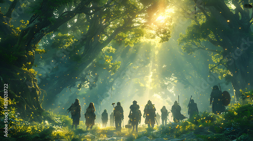 illustration of a group of adventurers embarking on a quest to retrieve a mythical artifact from a hidden temple in a magical forest