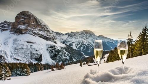 Snow Champagne Background Mountain. Snow Ski Luxury Resort & Blue Crystal Background. Winter.