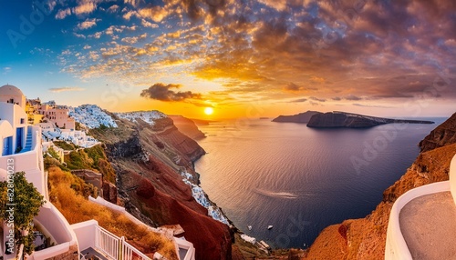 Great evening view of Santorini island. Picturesque spring sunset on the famous Greek resort