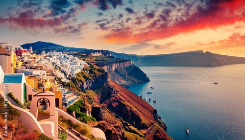 Great evening view of Santorini island. Picturesque spring sunset on the famous Greek resort