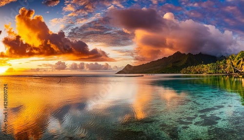 Stunning colorful sunset sky with clouds on the horizon of the South Pacific Ocean. Lagoon