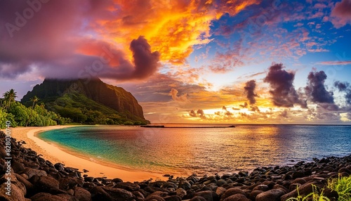 Stunning colorful sunset sky with clouds on the horizon of the South Pacific Ocean. Lagoon