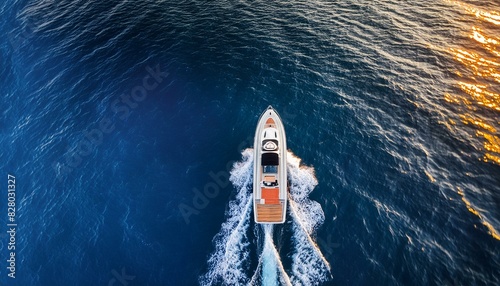 Aerial drone ultra wide top down photo with copy space of luxury rigid inflatable speed boat