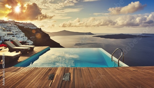 luxury swimming pool in santorini. 3d rendering, Ai generative