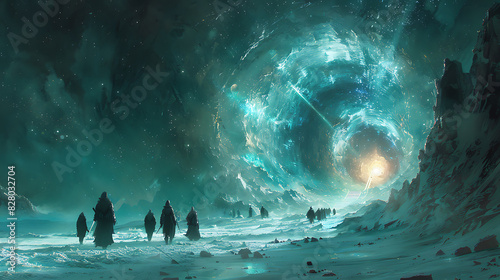 illustration of group of adventurers stepping through a shimmering interdimensional portal emerging into alternate realities filled with strange landscapes bizarre creatures and mindbending phenomena