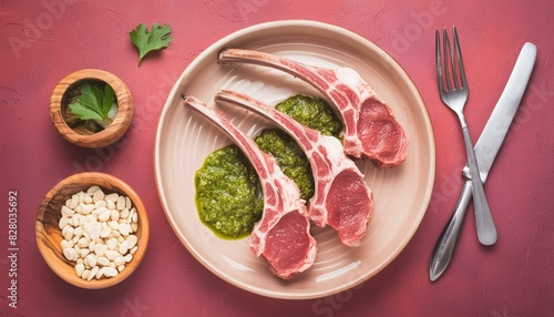 Overhead view of lamb chops prepared with pesto sauce