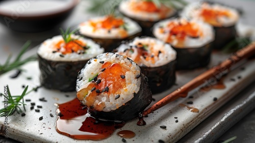 A detailed shot of a sushi roll being dipped in soy sauce, with chopsticks holding it firmly, on a white background. High quality. Photorealism. Hyperrealism. Canon EOS K5. 85mm