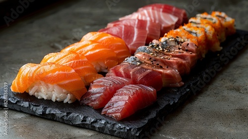 A close-up shot of a sushi platter with assorted nigiri and sashimi arranged neatly on a black slate plate. The lighting highlights the textures of the fish and rice. White background. High quality.