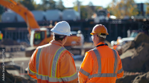 Two construction workers in high-visibility vests discuss work details amidst heavy machinery on a construction site.