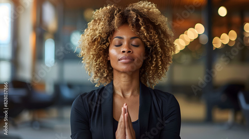 A corporate woman meditating in her office to relieve stress and improve focus.