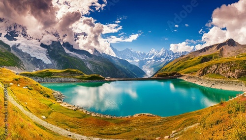  Colorful summer panorama of the Lac Blanc lake with Mont Blanc (Monte Bianco) on background