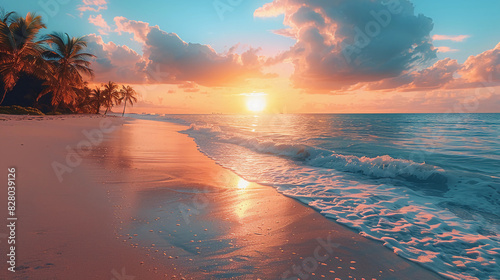 A beautiful beach with a sunset in the background