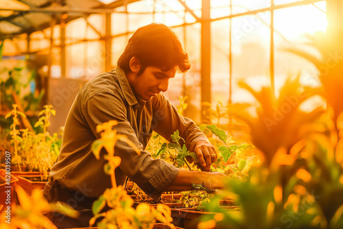 South Asian male gardener trimming plants in a greenhouse with sunset light.