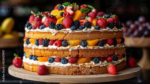 Exquisitely layered sponge cake adorned with a colorful assortment of fresh fruits including strawberries, blueberries, and peach slices on a wooden cake stand