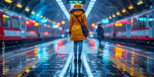 A person dressed in a bright yellow jacket stands on a rainy train platform at night, surrounded by lights and reflections from the wet ground