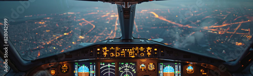 Cockpit view during night flight over illuminated cityscape, showcasing aviation instruments and urban lights.
