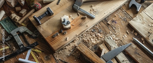 The image shows a variety of woodworking tools and materials, including a saw, a plane, a chisel, and a hammer. The tools are arranged on a wooden table, and there is a pile of sawdust on the floor