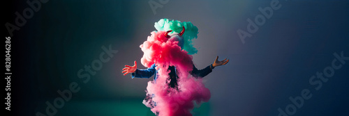 character devil appear / emerge / disappear - anonymous magician person in colorful smoke