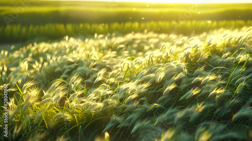 un llano con vegetacion una huerta de trigo cosecha y agricultura campo al amanecer atardecer con los rayos del sol iluminando el campo viento y aire en el prado cosecha de trigo 