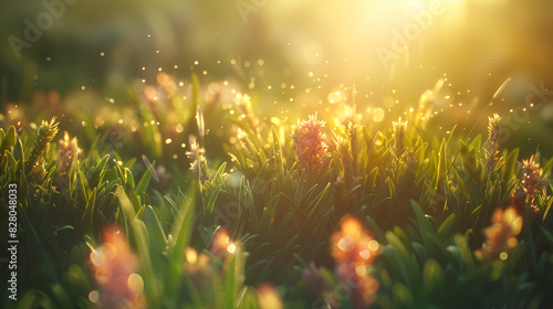 campo de pasto y flores con rayos de sol iluminando en el amanecer atardecer con el rocio y la brisa del dia